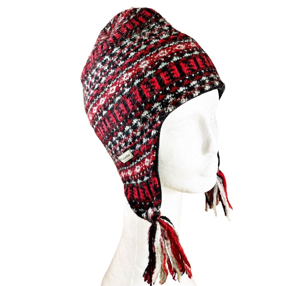 Vintage Columbia Fair Isle Hat Knit Wool Ear‎ Flap Tassels Boho Artsy Lined